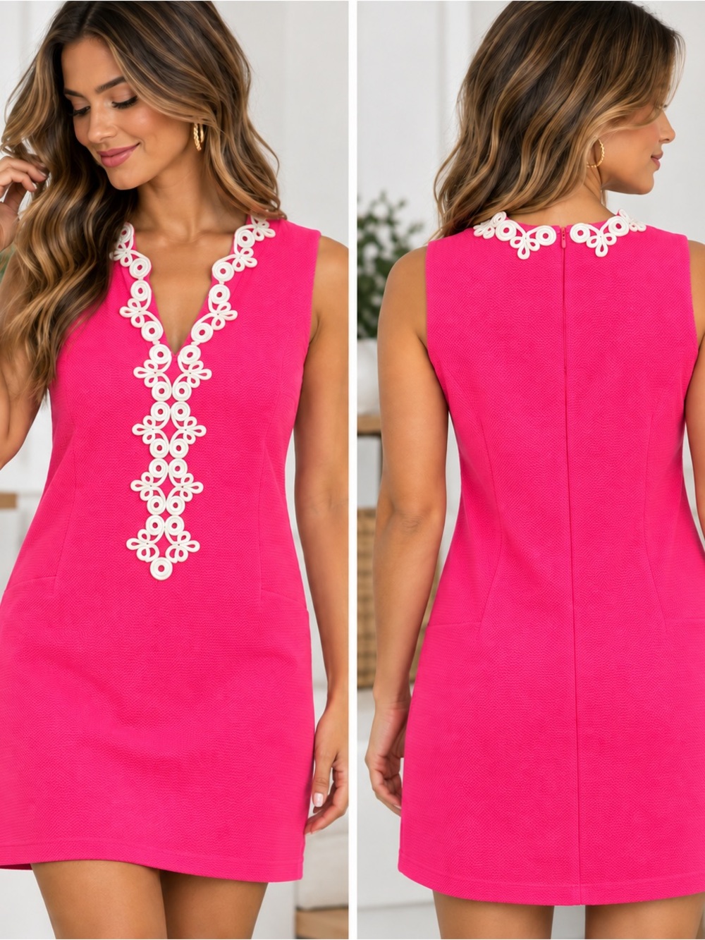 Vince Camuto Hot Pink Sleeveless Shift Dress with White Floral Trim
